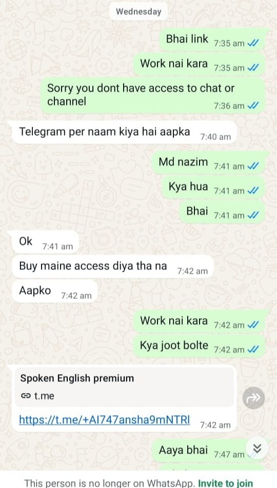 WhatsApp conversation showing a fake seller who did not deliver course access